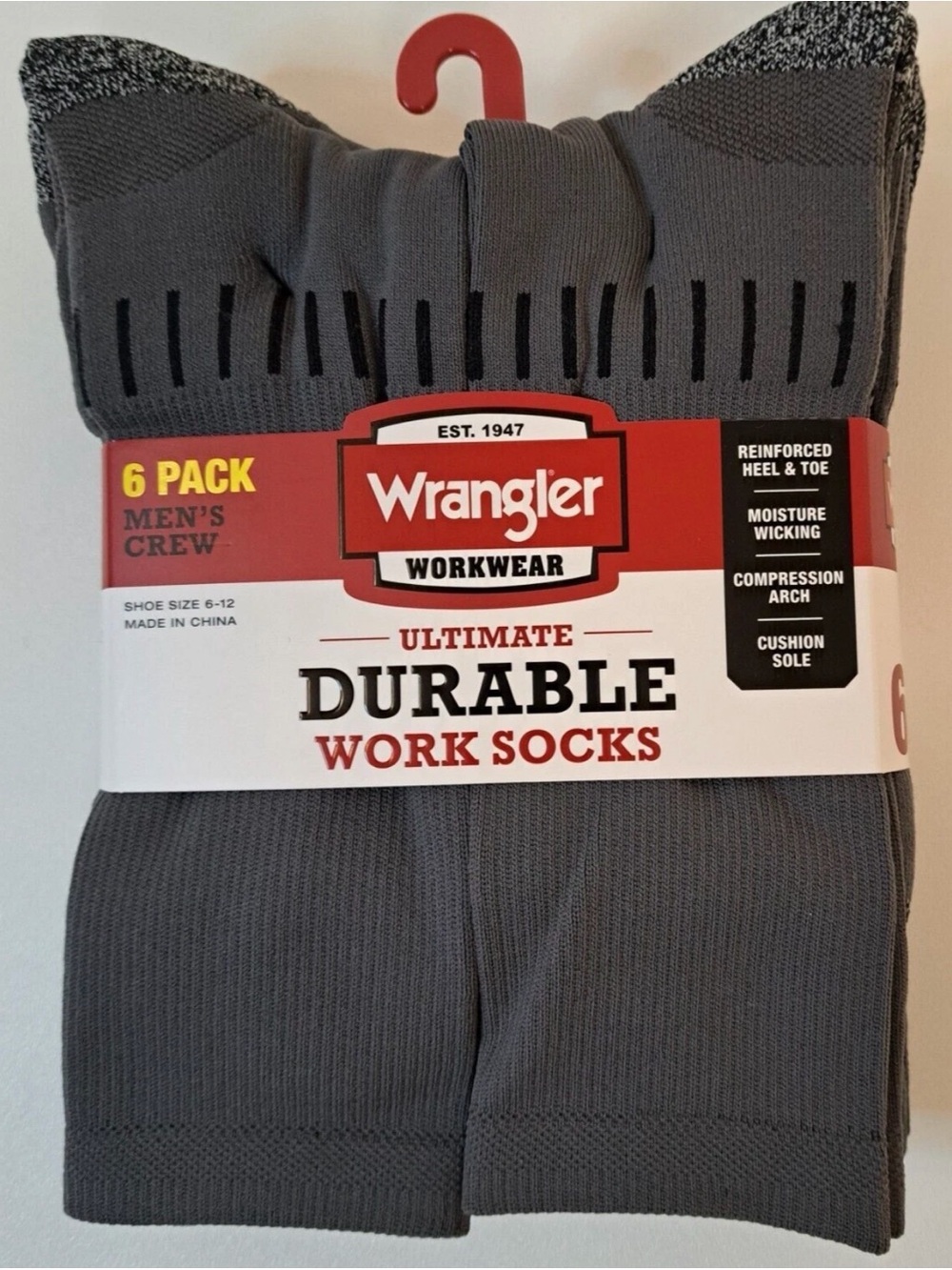 Wrangler Men's Gray Crew Work Socks - 6 Pack